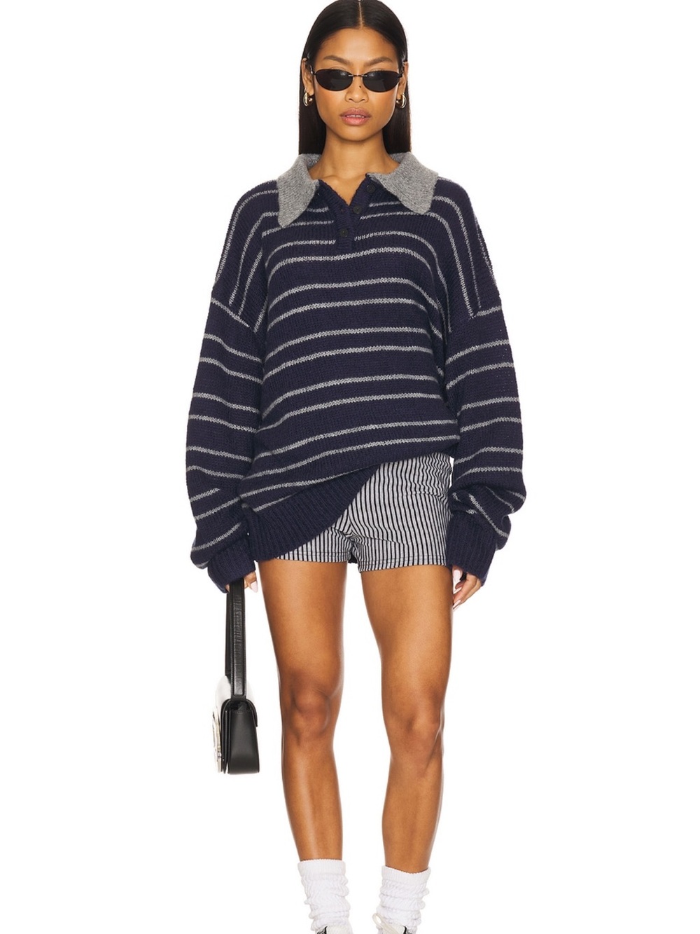 Lioness Navy and Gray Striped Polo-Collar Sweater - Picture 2 of 2